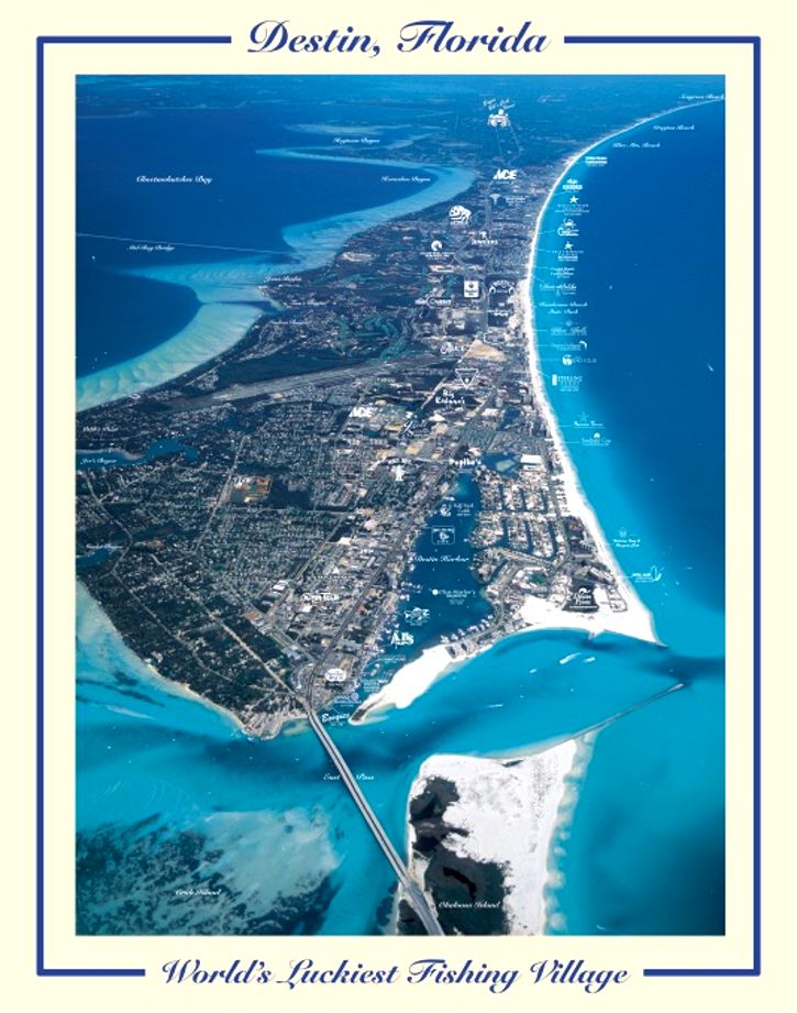 Destin, Florida aerial picture.  Click on the lower right section of this picture to view a larger image of the Destin Harbor, click on the right top section of this picture to view the South section of Destin and Sandestin.